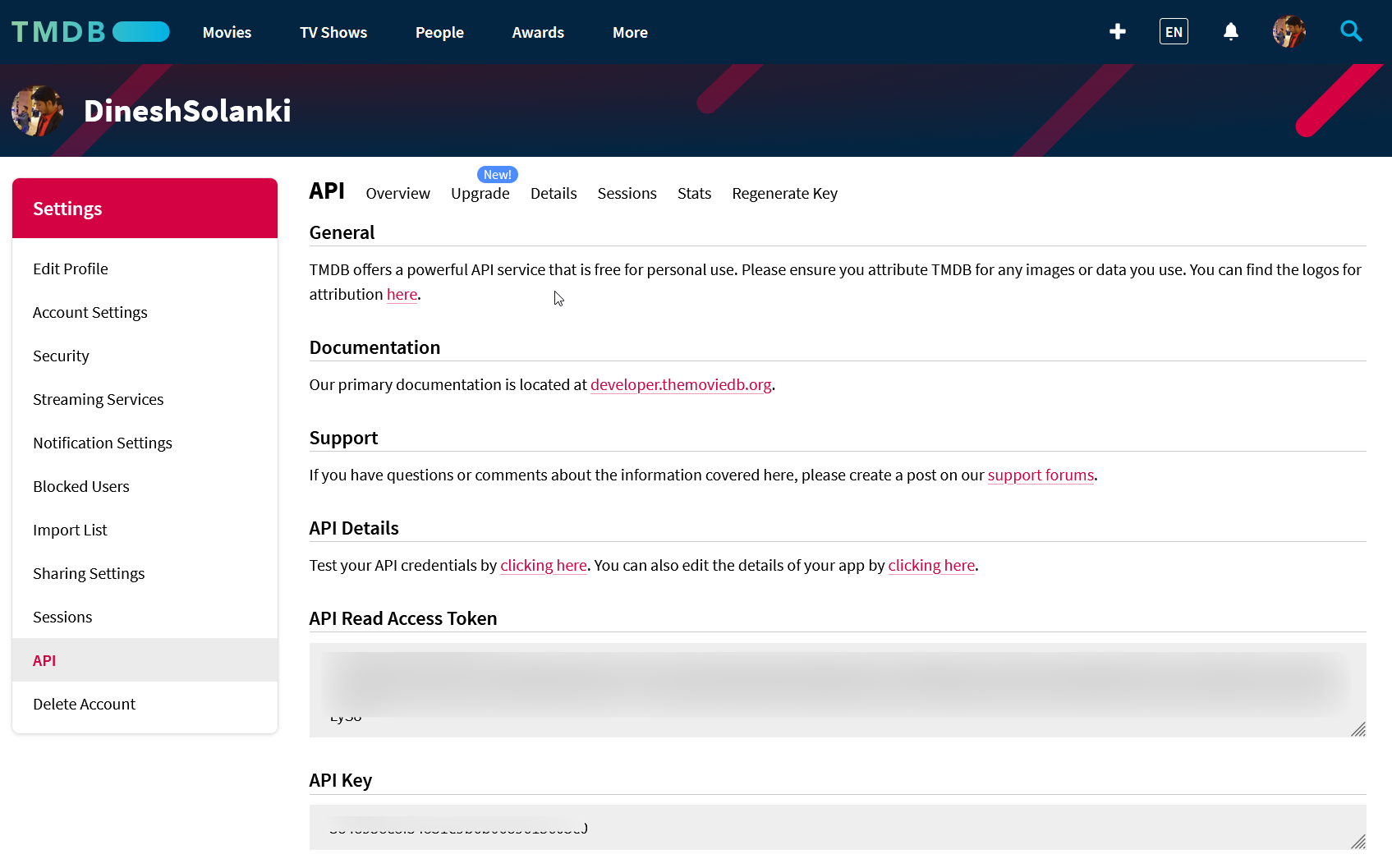 TMDB API Key generation page TMDB API Key generation page
